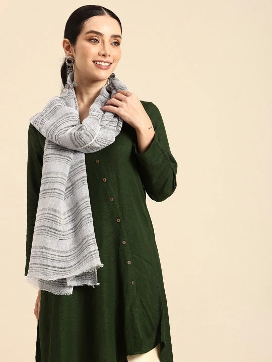 Handwoven Light Blue Linen Scarf with Black and Grey Stripes Allover