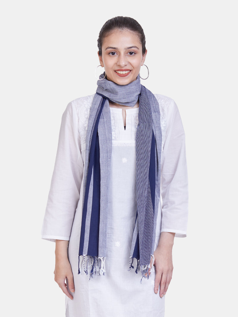 Handwoven Navy Blue Cotton Scarf with Stripes