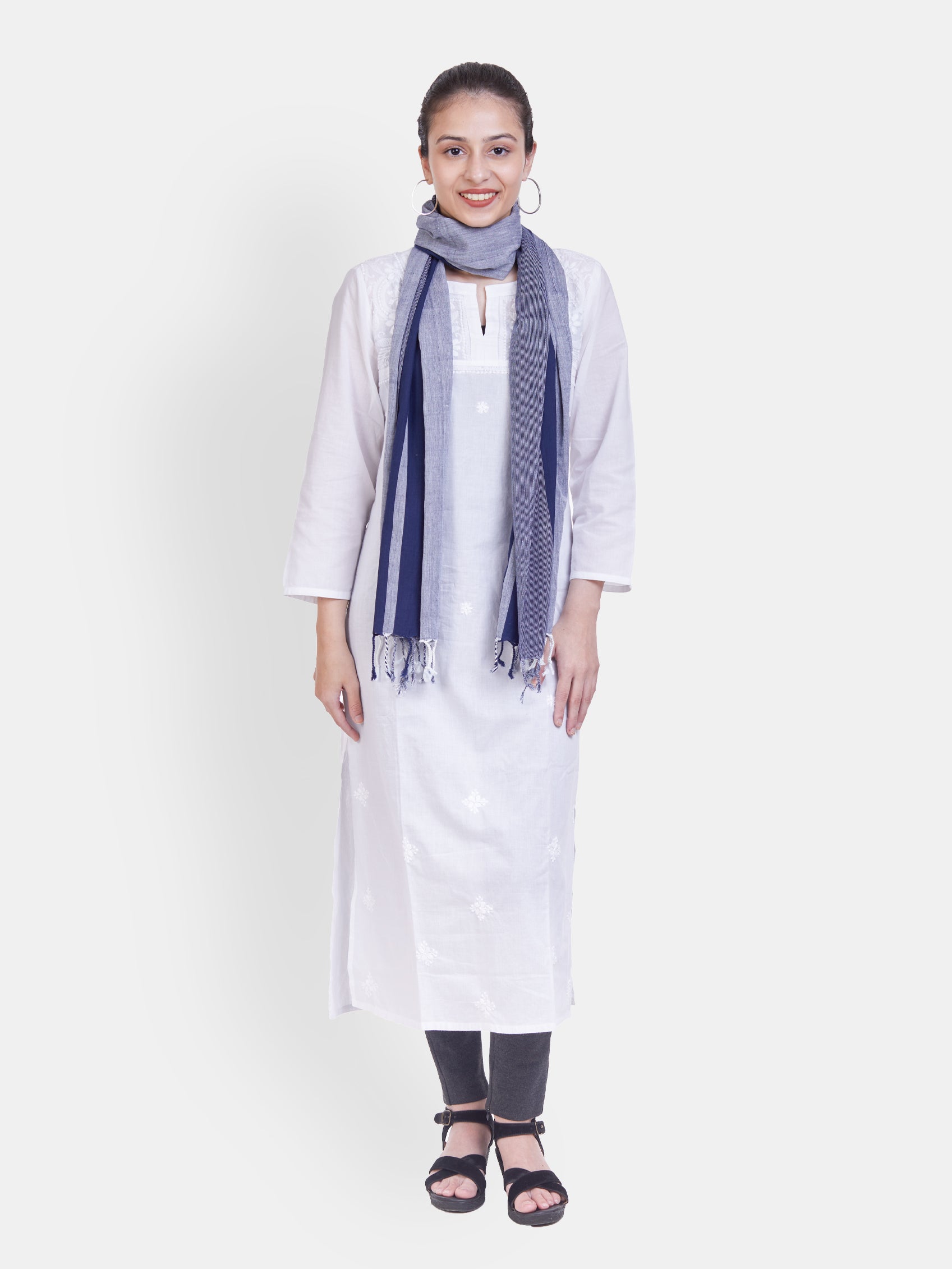 ASVA Handwoven Navy & Green Woven Cotton Scarf for Women