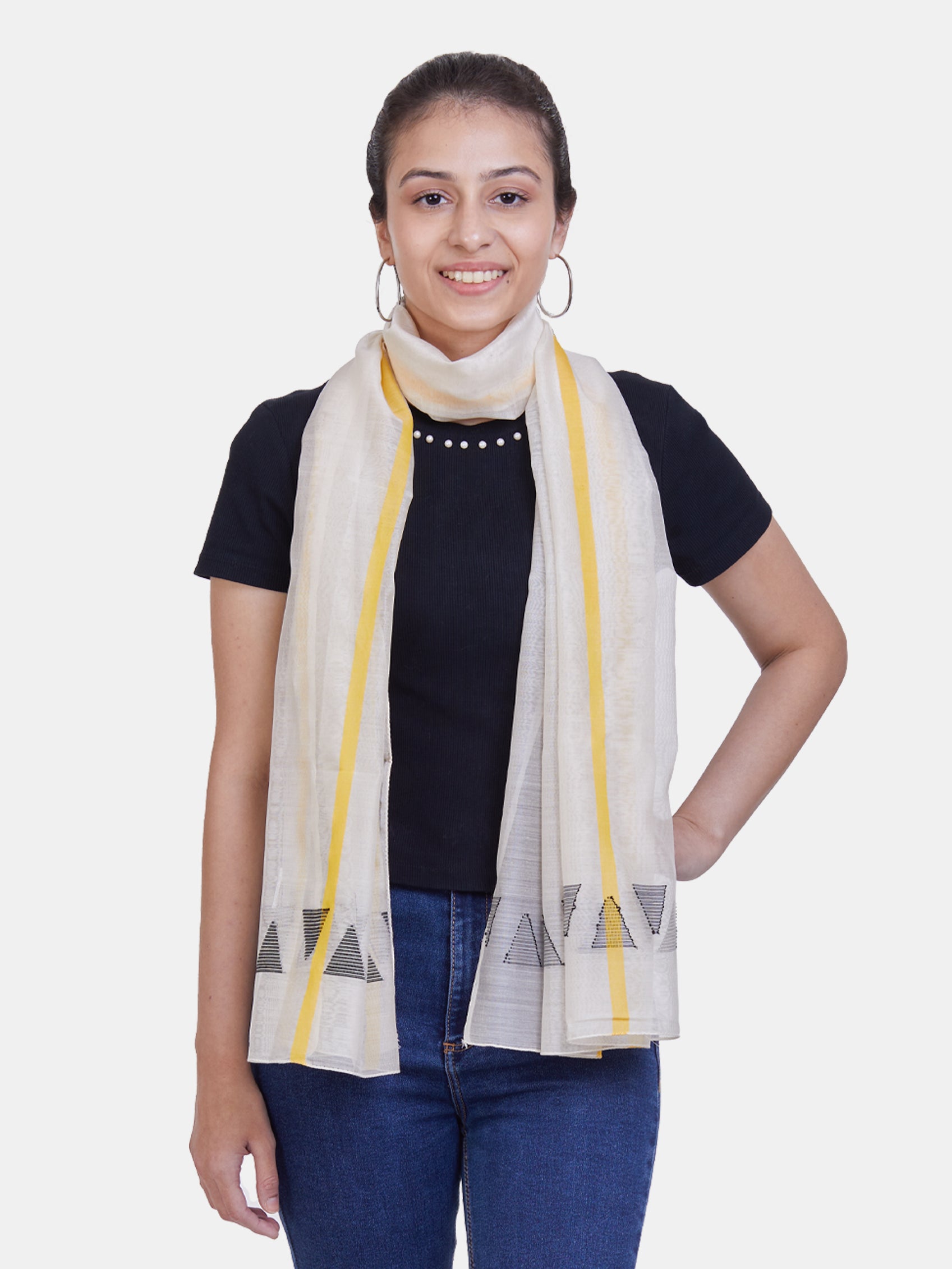 ASVA Handwoven Off-White Chanderi Silk Scarf with Black Jamdani & Yellow Stripe