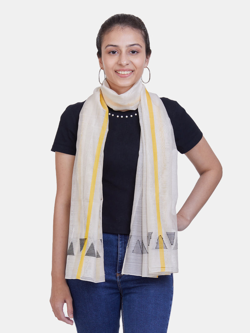 Handwoven Off-White Chanderi Silk Scarf with Black Jamdani & Yellow Stripe