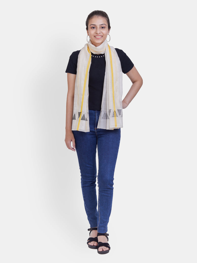 Handwoven Off-White Chanderi Silk Scarf with Black Jamdani & Yellow Stripe