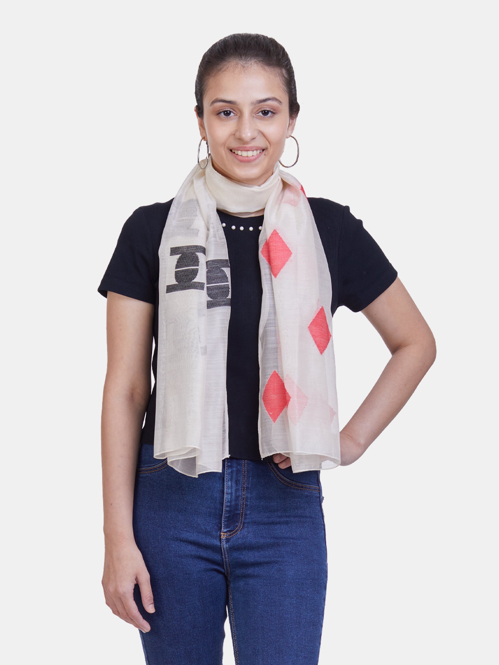 ASVA Handwoven Off-White Chanderi Silk Scarf with Red & Black Jamdani Motifs