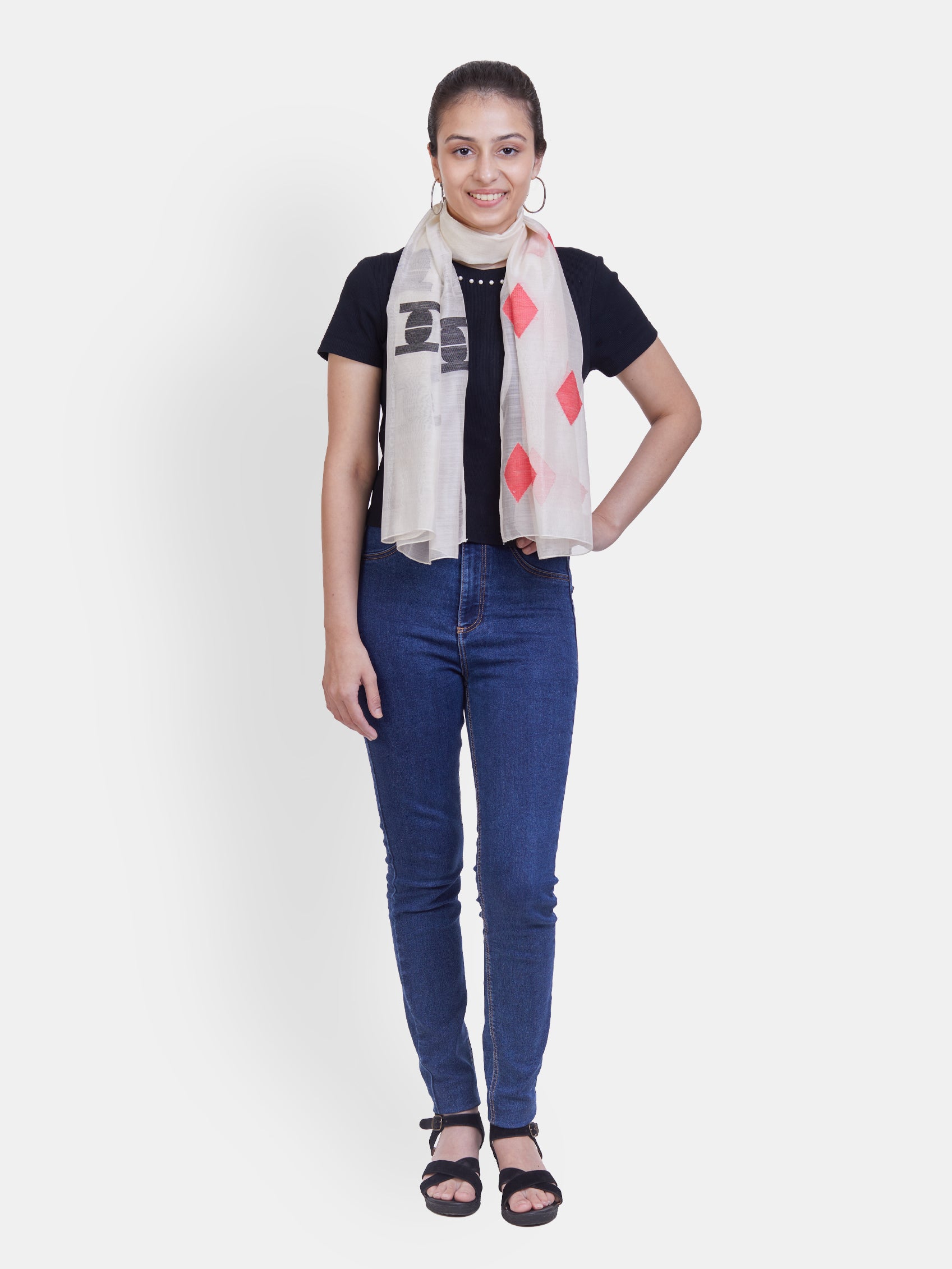 ASVA Handwoven Off-White Chanderi Silk Scarf with Red & Black Jamdani Motifs