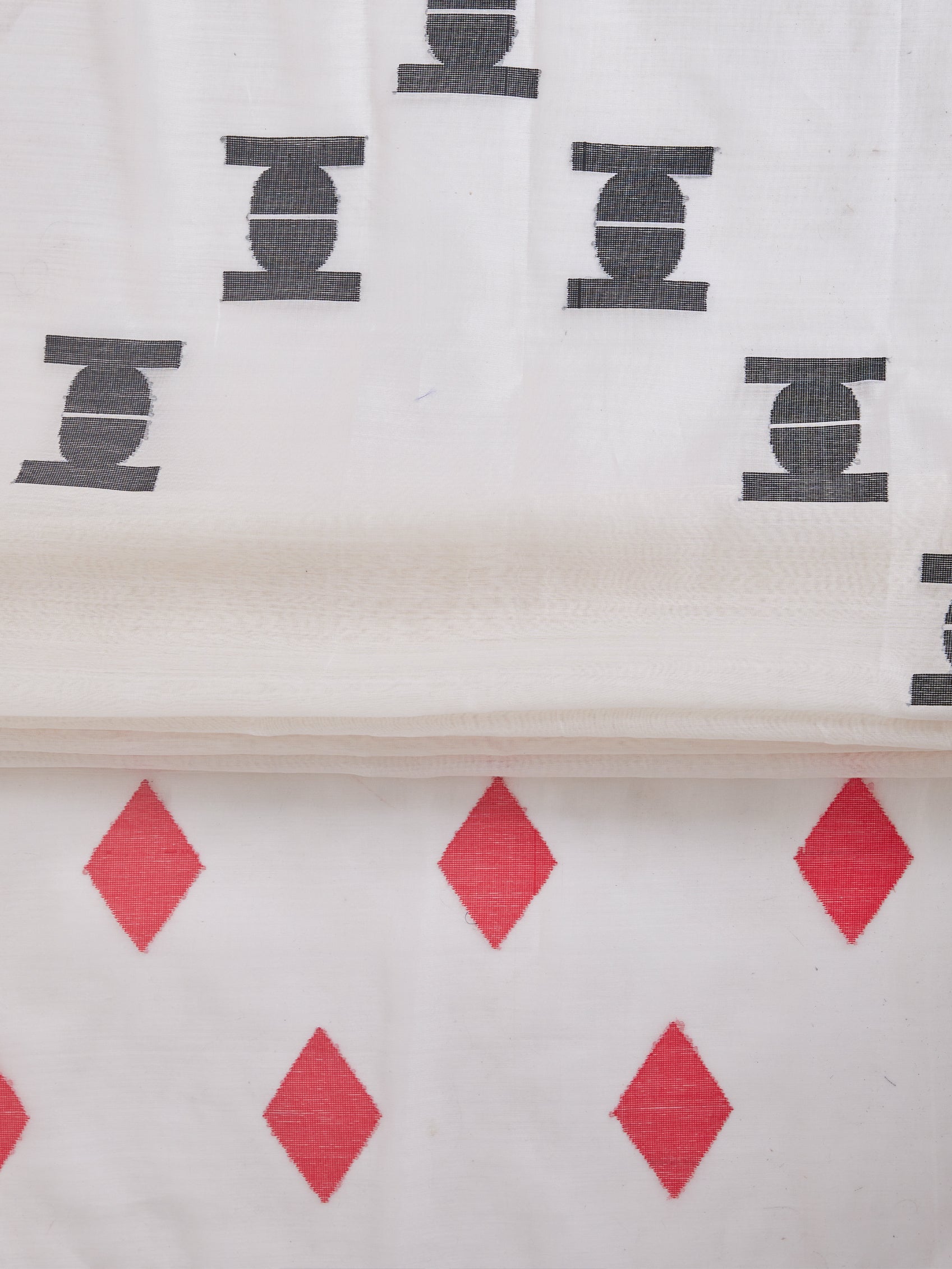 ASVA Handwoven Off-White Chanderi Silk Scarf with Red & Black Jamdani Motifs