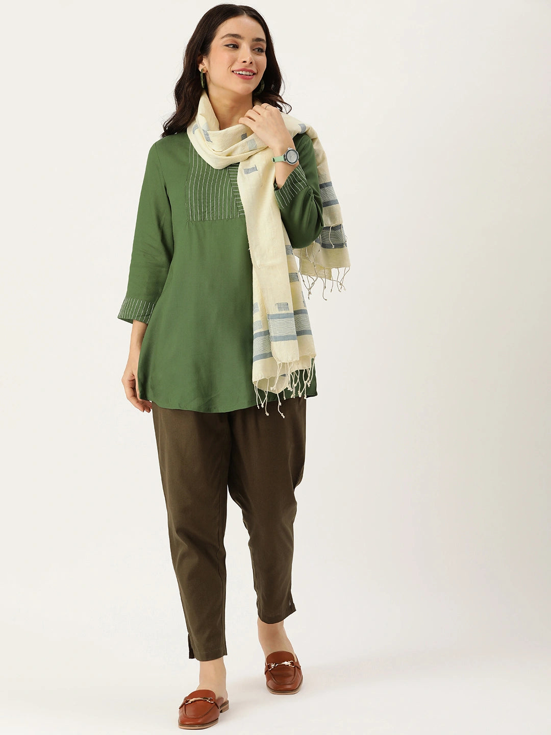 ASVA Handwoven Off-White Cotton Scarf with Blue Jamdani Work and Tassels
