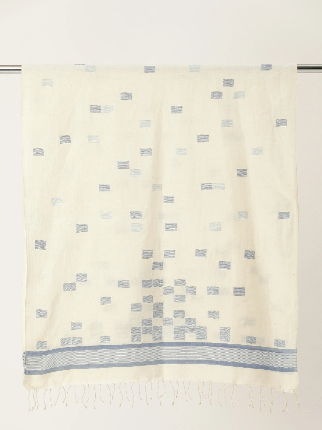 ASVA Handwoven Off-White Cotton Scarf with Blue Jamdani Work and Tassels