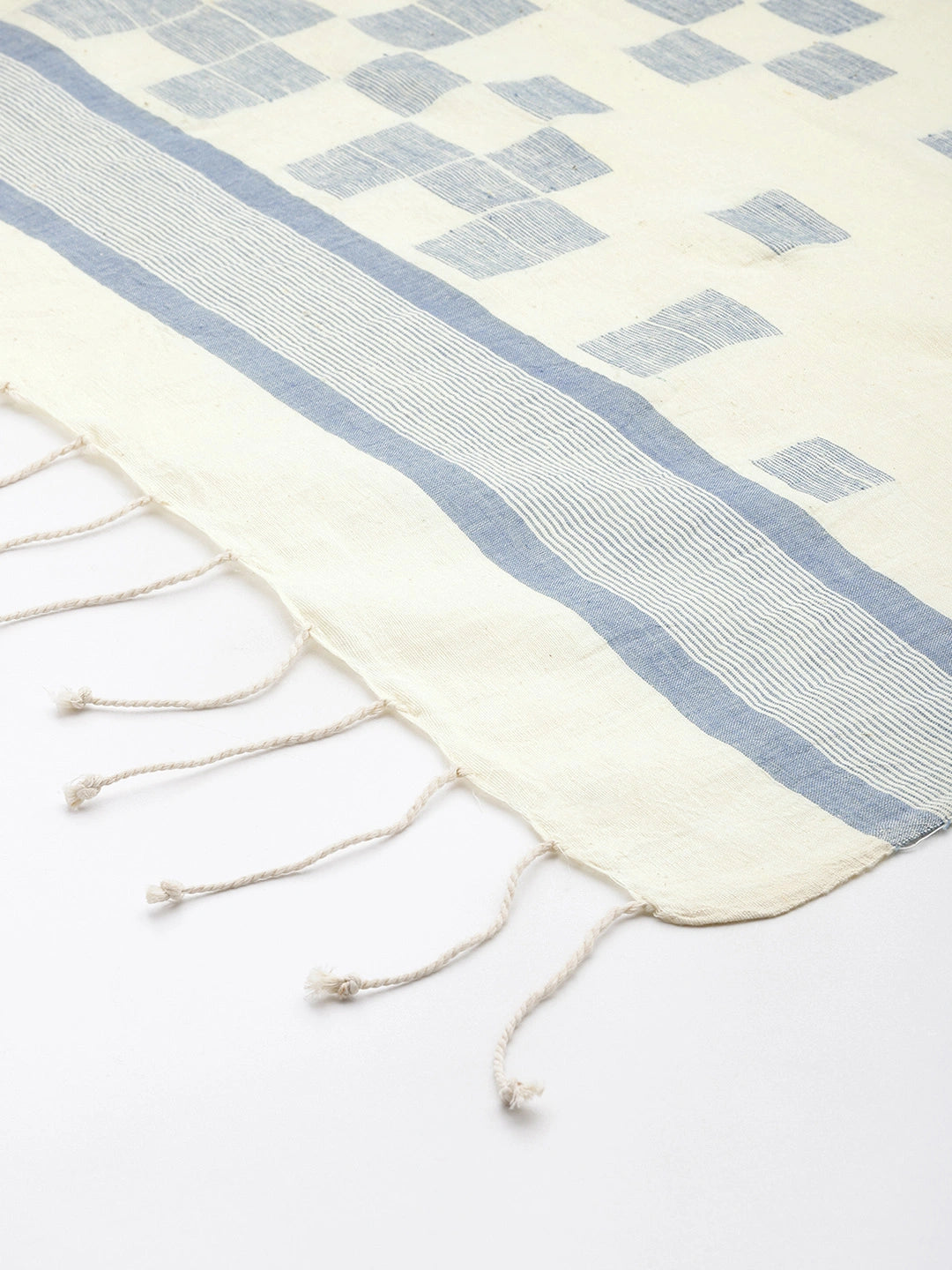 ASVA Handwoven Off-White Cotton Scarf with Blue Jamdani Work and Tassels