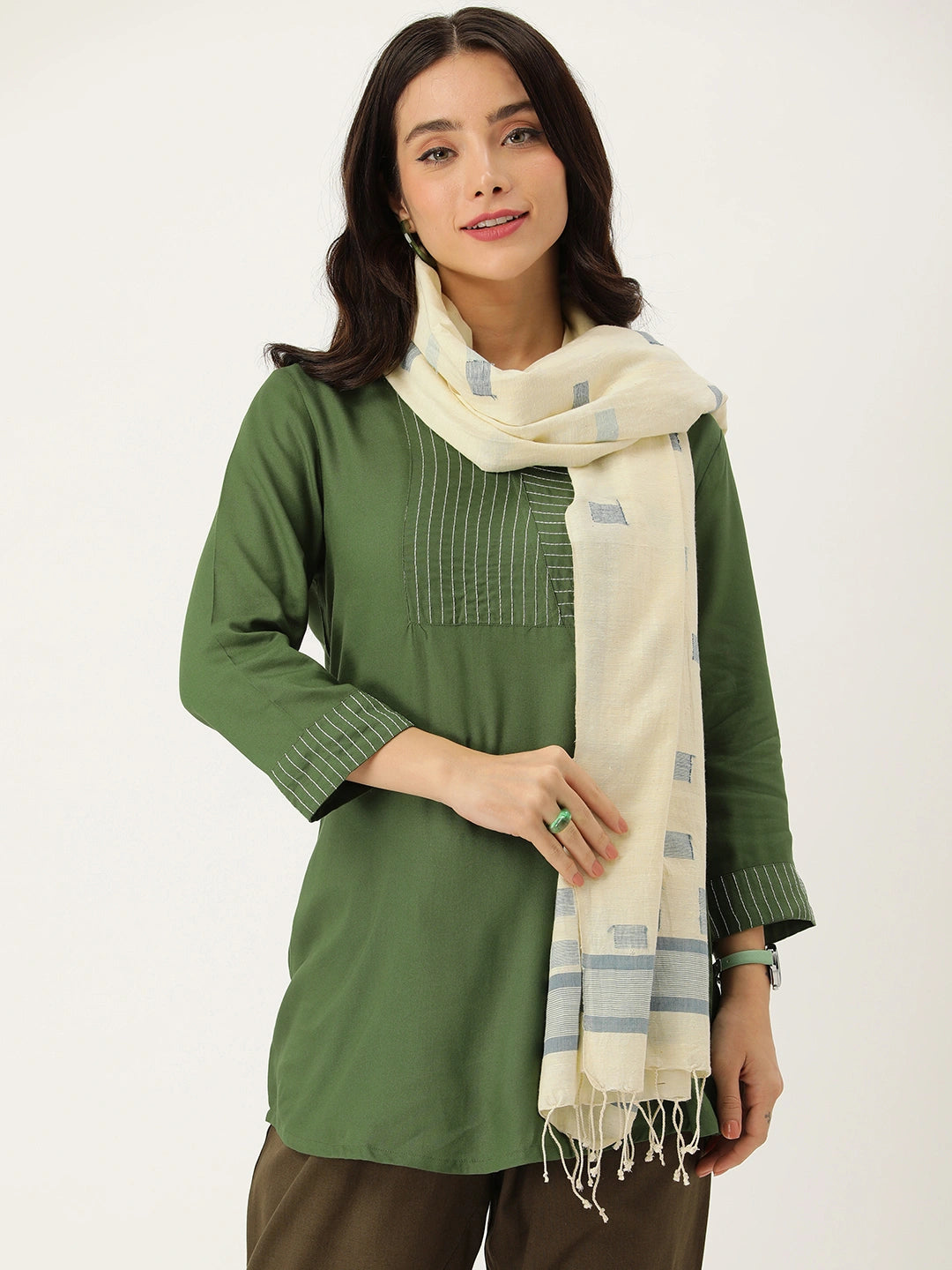 ASVA Handwoven Off-White Cotton Scarf with Blue Jamdani Work and Tassels