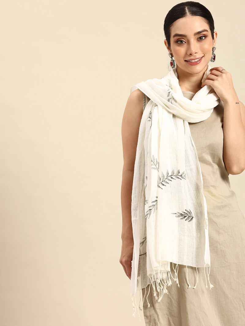 Handwoven Off-White Cotton Scarf With Hand Painted Florals