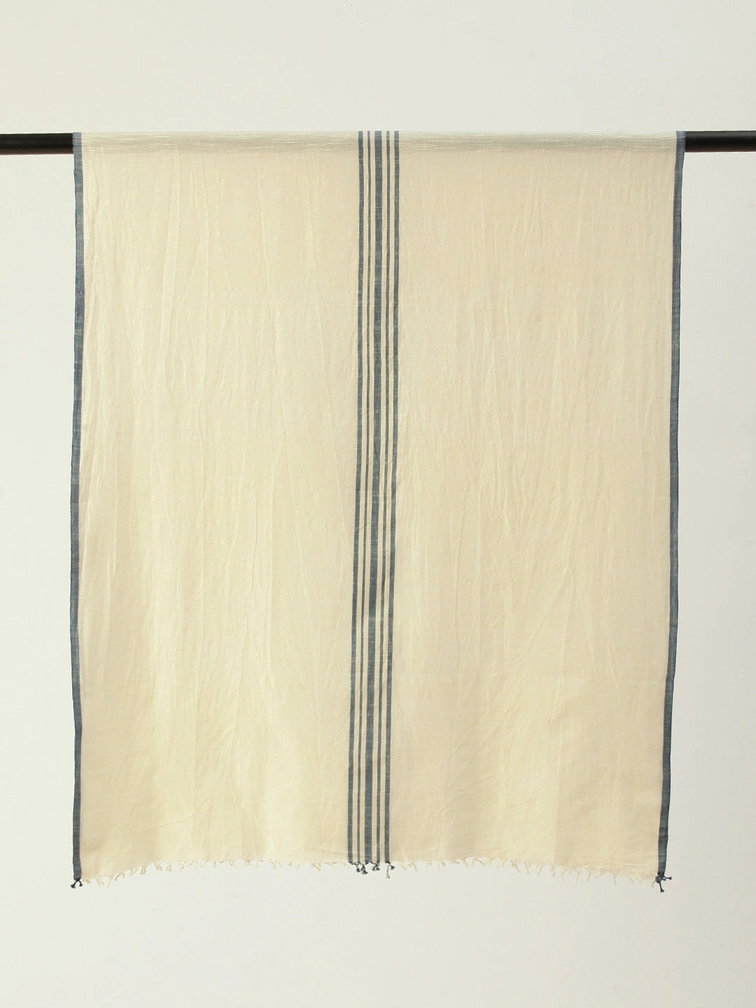 ASVA Handwoven Off-White Khadi Cotton Scarf with Blue Center Stripes and Selvedge