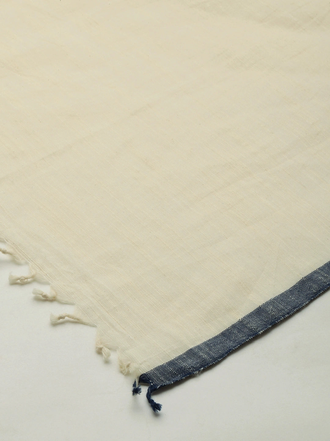 ASVA Handwoven Off-White Khadi Cotton Scarf with Blue Center Stripes and Selvedge
