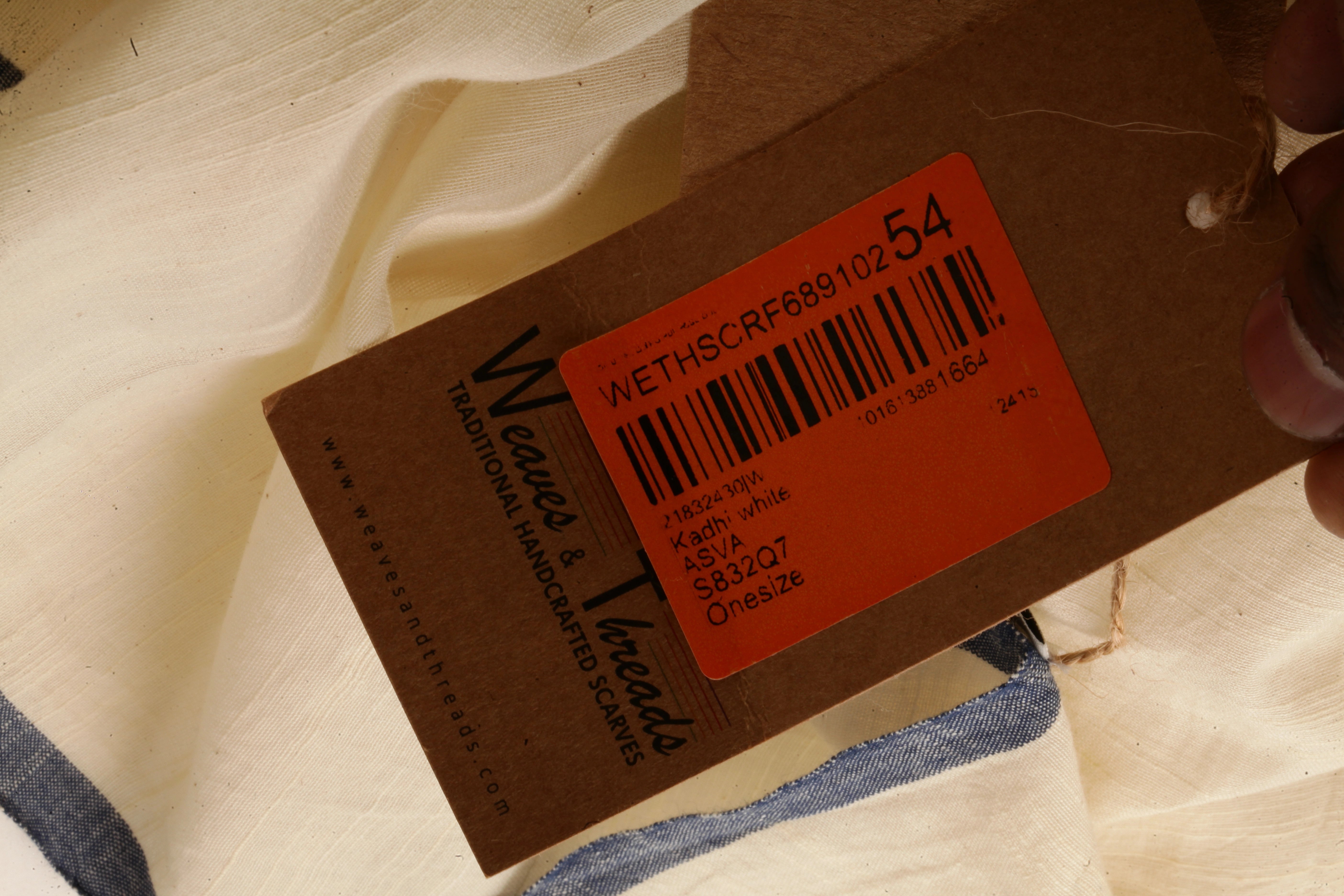 ASVA Handwoven Off-White Khadi Cotton Scarf with Blue Center Stripes and Selvedge