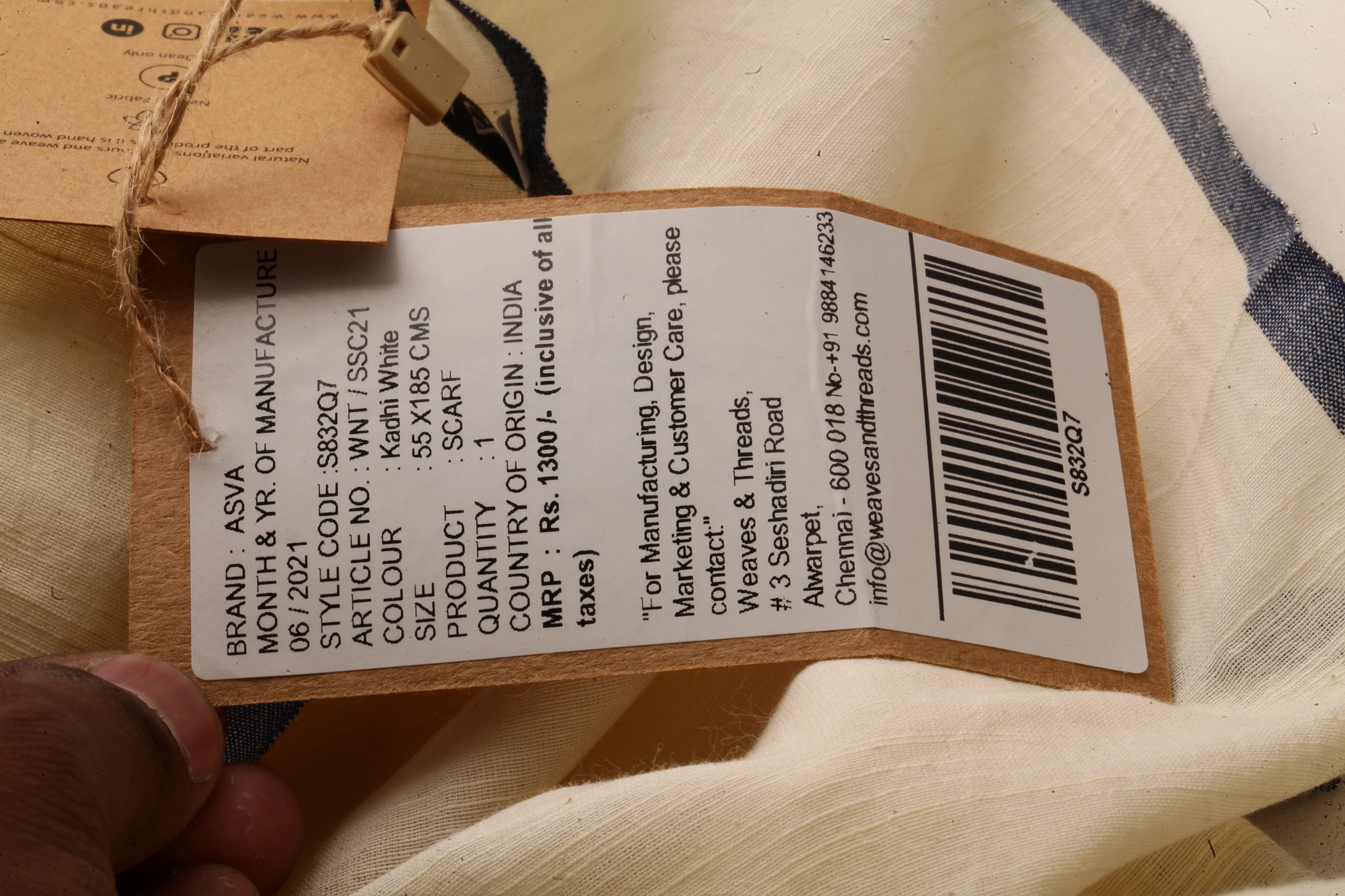 ASVA Handwoven Off-White Khadi Cotton Scarf with Blue Center Stripes and Selvedge