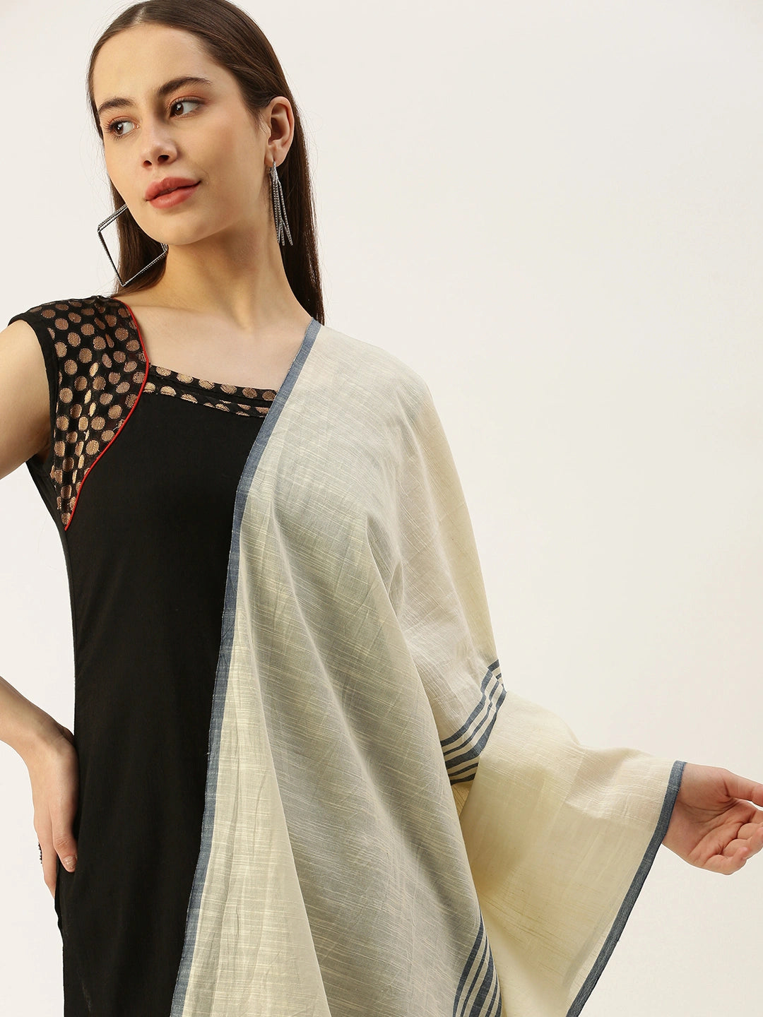 ASVA Handwoven Off-White Khadi Cotton Scarf with Blue Center Stripes and Selvedge