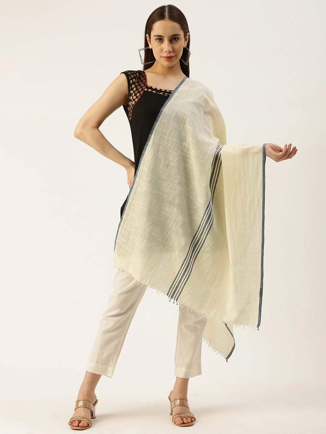 ASVA Handwoven Off-White Khadi Cotton Scarf with Blue Center Stripes and Selvedge