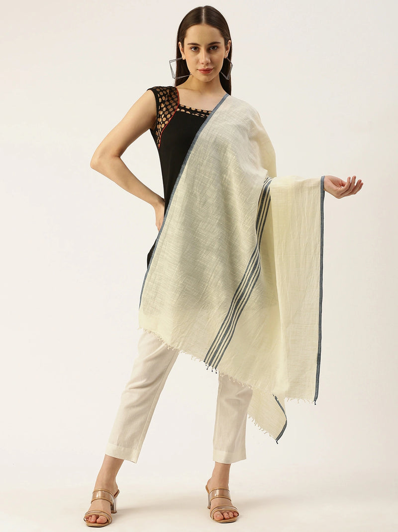 Handwoven Off-White Khadi Cotton Scarf with Blue Center Stripes and Selvedge
