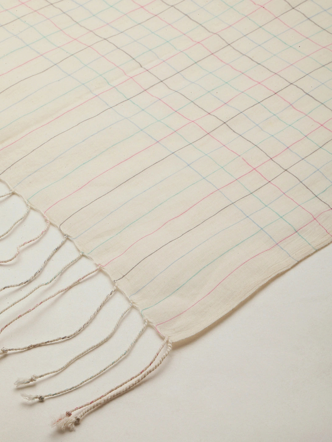 ASVA Handwoven Off-White Organic Cotton Scarf with Multicolor Checks