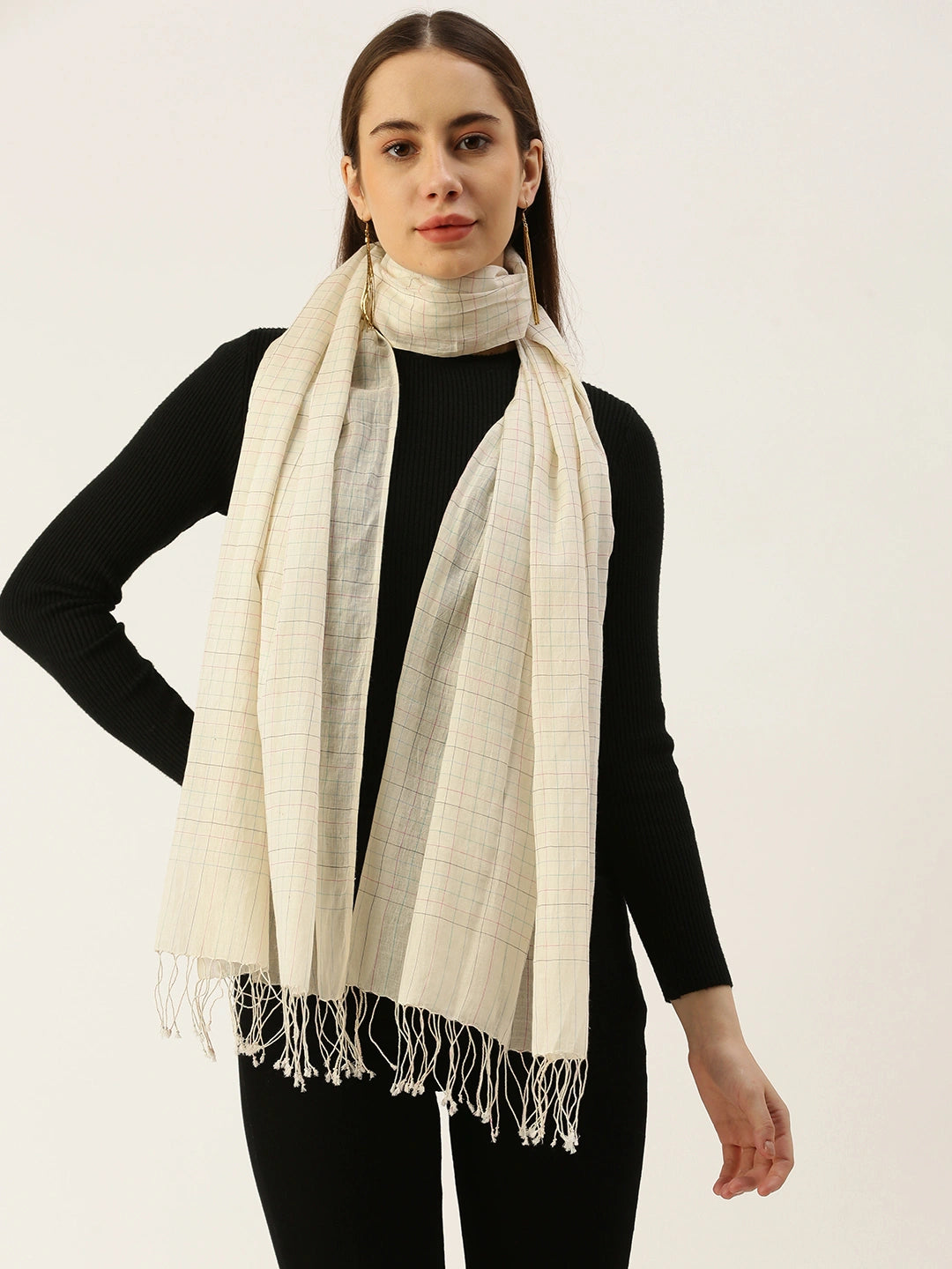 ASVA Handwoven Off-White Organic Cotton Scarf with Multicolor Checks
