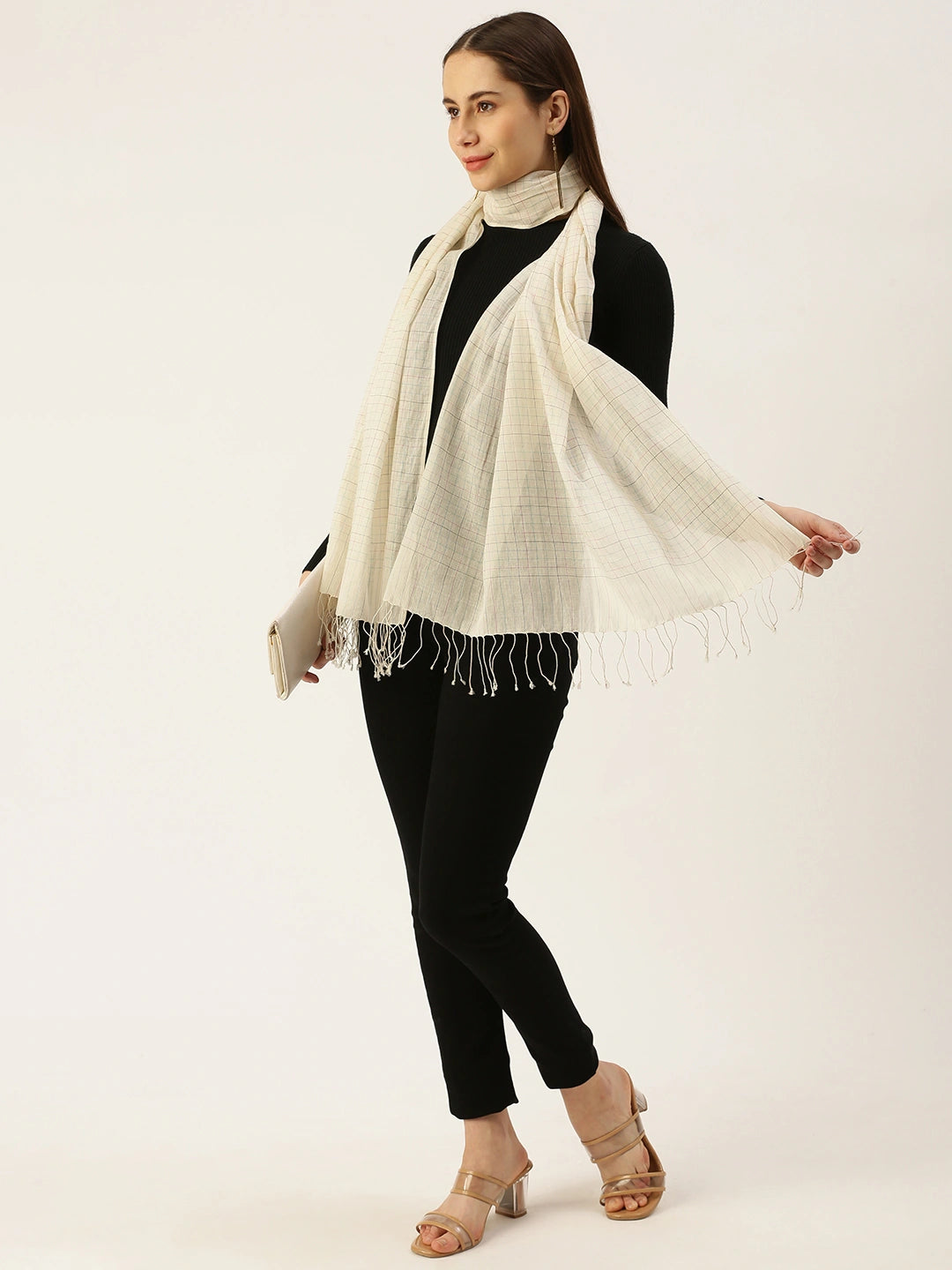 ASVA Handwoven Off-White Organic Cotton Scarf with Multicolor Checks