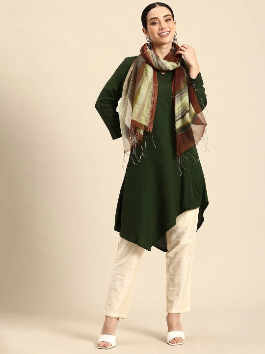 Handwoven Off-White Silk Cotton Scarf with Rust & Green Abstract Digital Print