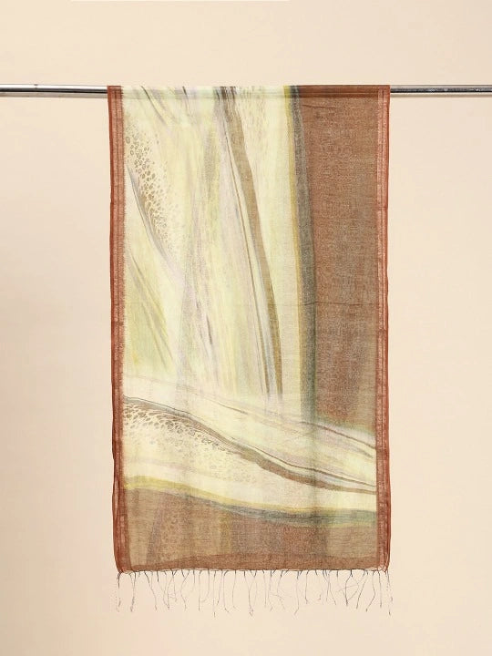 Handwoven Off-White Silk Cotton Scarf with Rust & Green Abstract Digital Print