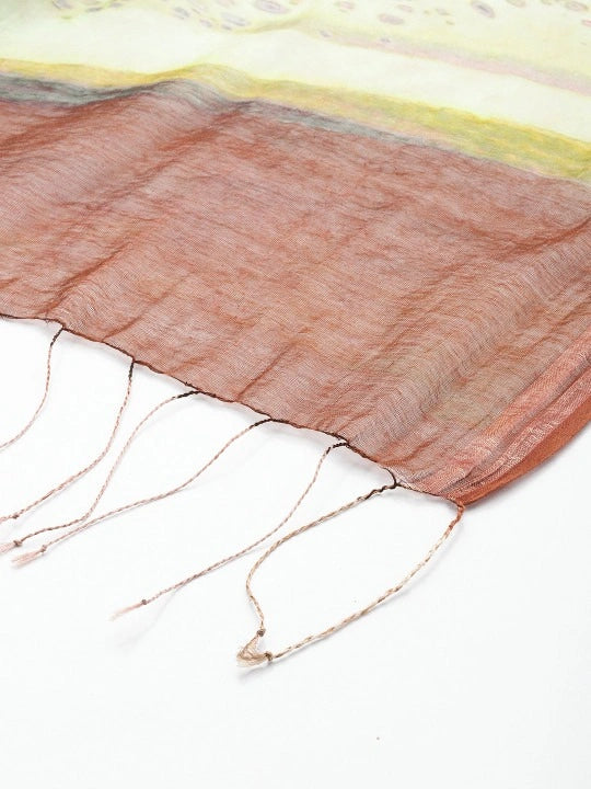 Handwoven Off-White Silk Cotton Scarf with Rust & Green Abstract Digital Print