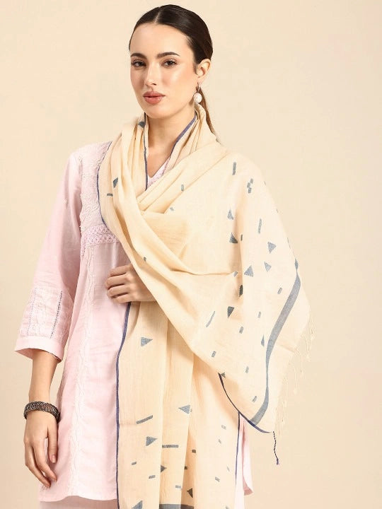 Handwoven Off White Cotton Scarf with jamdani Woven all over
