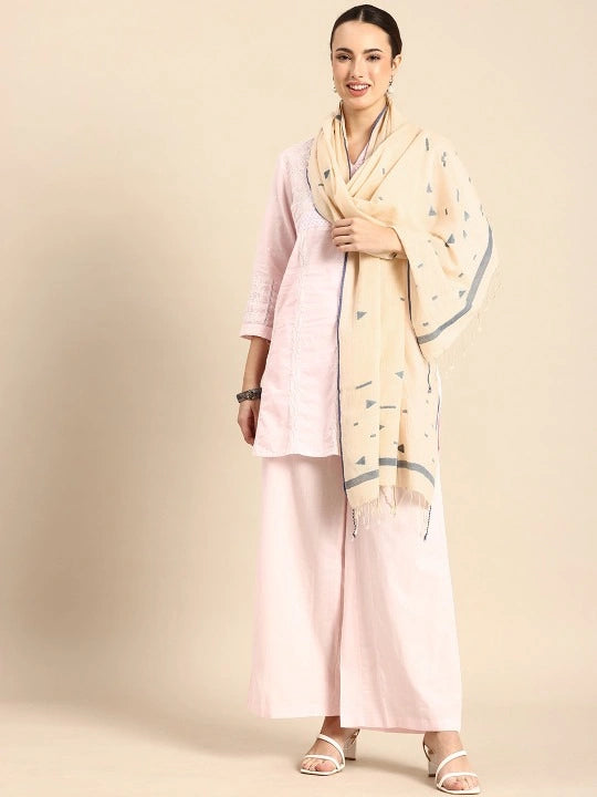 Handwoven Off White Cotton Scarf with jamdani Woven all over