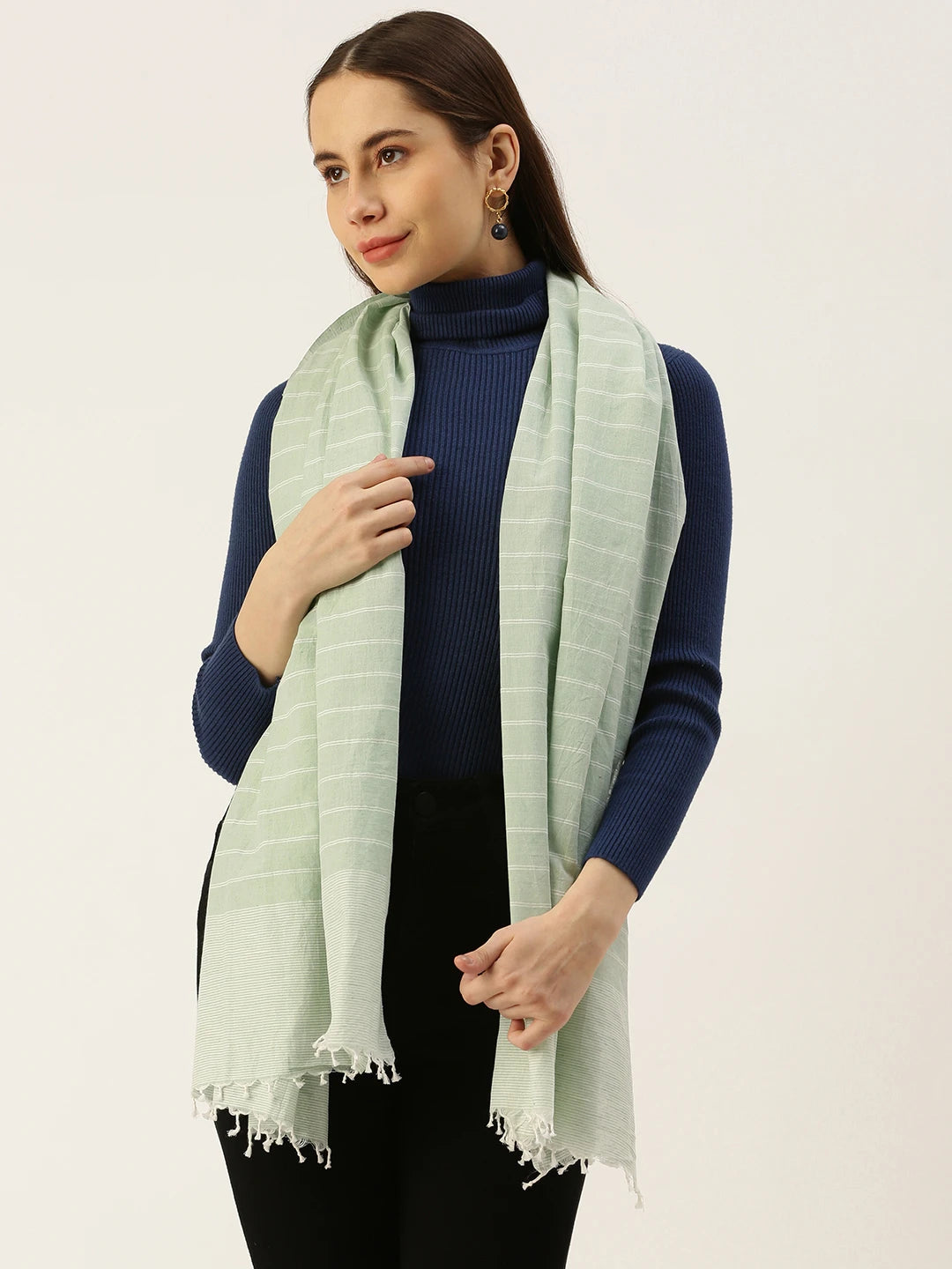 ASVA Handwoven Pastel Green Pure Cotton Scarf With White Stripes