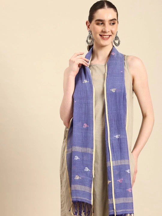 Handwoven Purple Cotton Scarf with Pink, Yellow & White Elephant Motif Jamdani Design