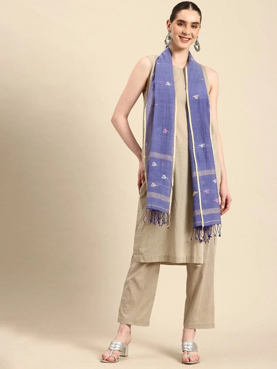 Handwoven Purple Cotton Scarf with Pink, Yellow & White Elephant Motif Jamdani Design