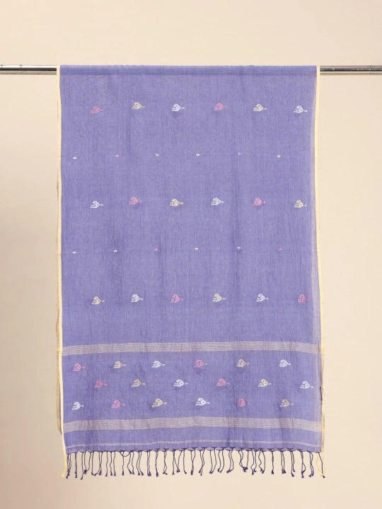 Handwoven Purple Cotton Scarf with Pink, Yellow & White Elephant Motif Jamdani Design