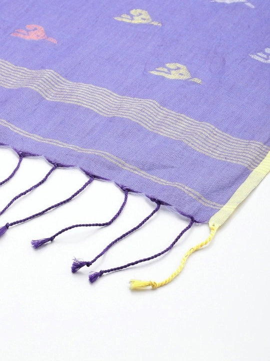 Handwoven Purple Cotton Scarf with Pink, Yellow & White Elephant Motif Jamdani Design