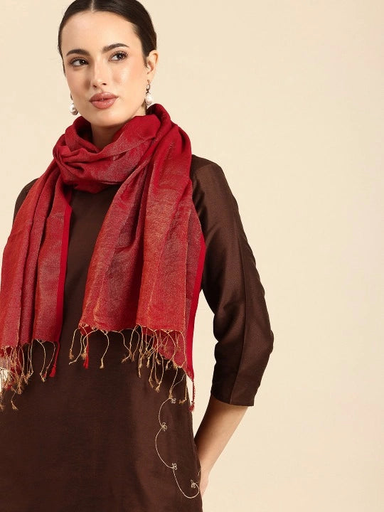 Handwoven Red Cotton Tissue Scarf with Gold Zari Weave and Red Selvedge, Elegant Lightweight Accessory for Women