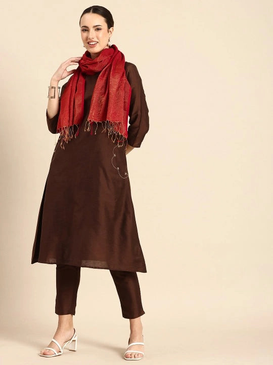 Handwoven Red Cotton Tissue Scarf with Gold Zari Weave and Red Selvedge, Elegant Lightweight Accessory for Women