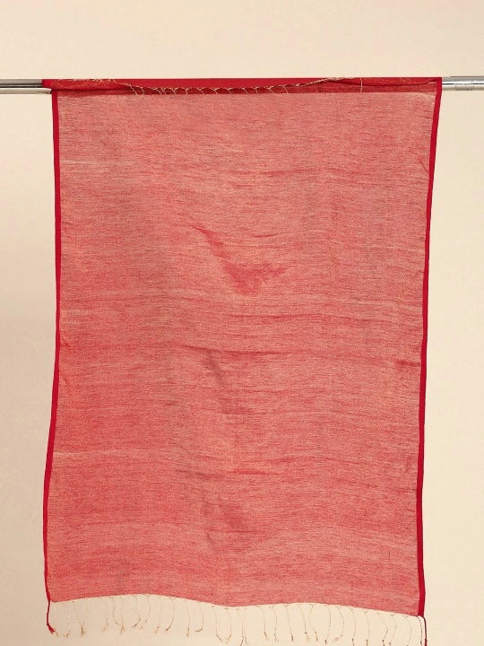 Handwoven Red Cotton Tissue Scarf with Gold Zari Weave and Red Selvedge, Elegant Lightweight Accessory for Women