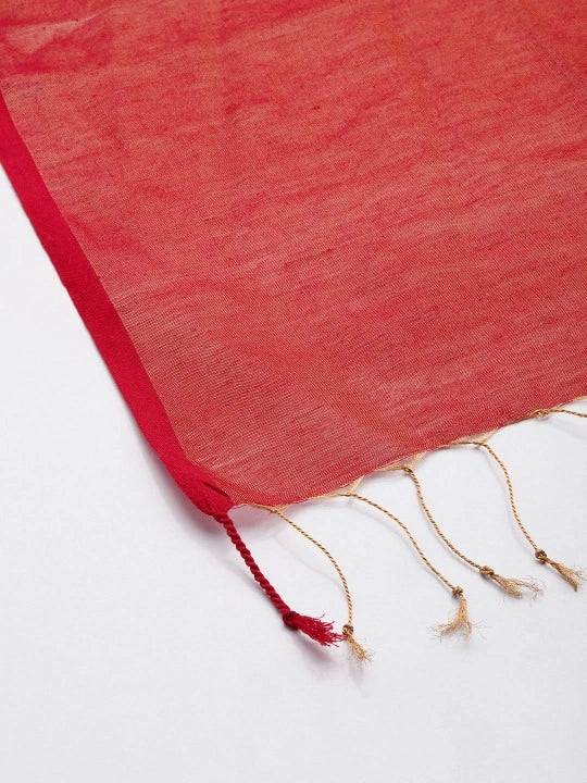 Handwoven Red Cotton Tissue Scarf with Gold Zari Weave and Red Selvedge, Elegant Lightweight Accessory for Women