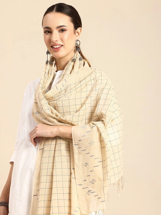 Handwoven Scarf with checks in the centre and design on the border
