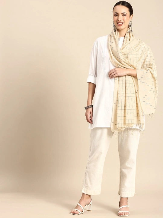 Handwoven Scarf with checks in the centre and design on the border