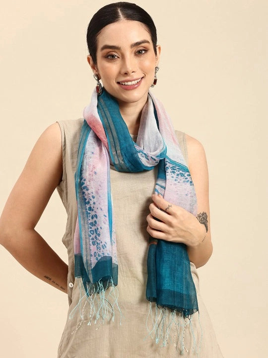 Handwoven Silk Cotton Scarf with Blue & Pink Abstract Print, Copper Zari Stripes
