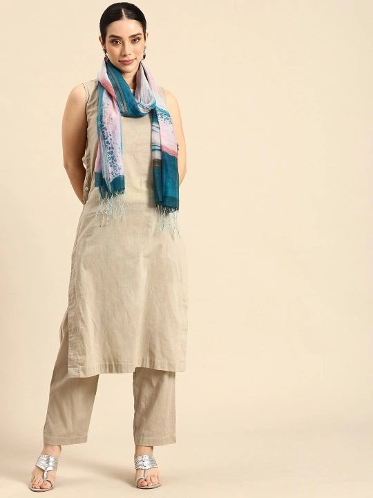 Handwoven Silk Cotton Scarf with Blue & Pink Abstract Print, Copper Zari Stripes