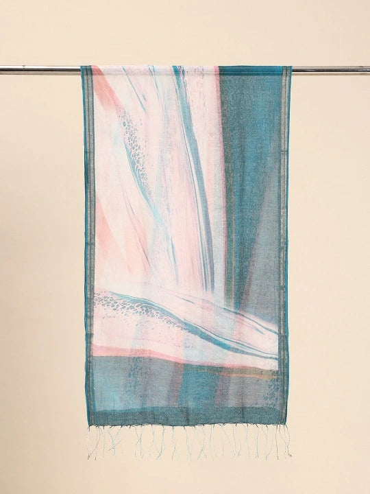 Handwoven Silk Cotton Scarf with Blue & Pink Abstract Print, Copper Zari Stripes
