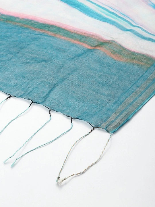 Handwoven Silk Cotton Scarf with Blue & Pink Abstract Print, Copper Zari Stripes