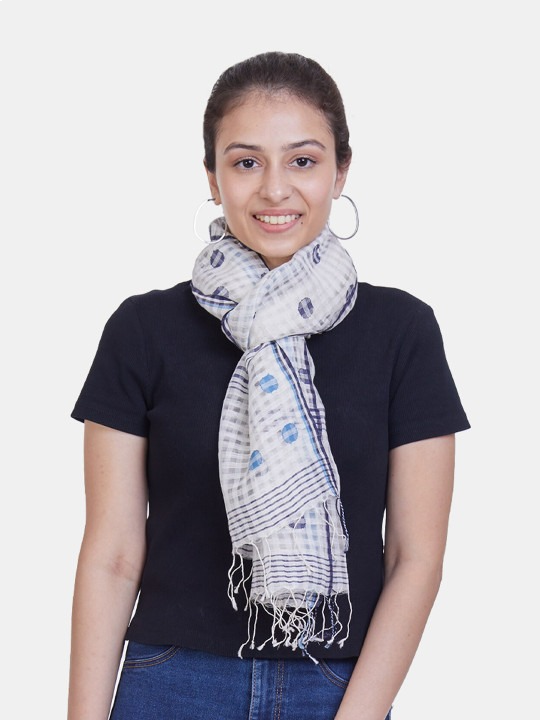 ASVA Handwoven Silk Cotton White Checkered Scarf with Artistic Blue Circle Motif