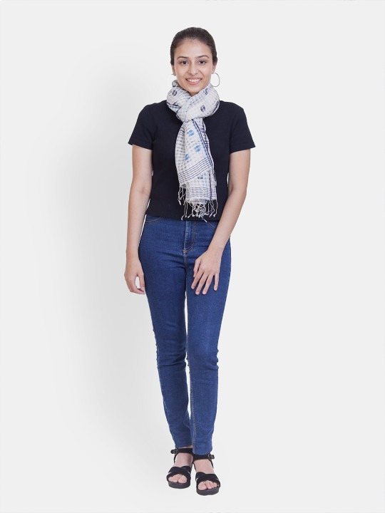 ASVA Handwoven Silk Cotton White Checkered Scarf with Artistic Blue Circle Motif