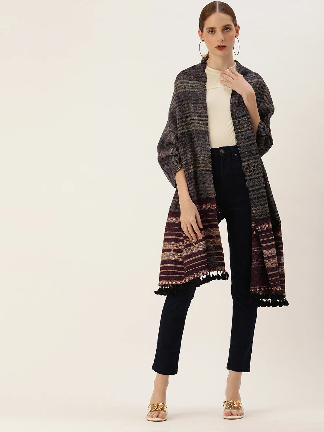 ASVA Handwoven Violet Silk Wool Scarf with Beige Stripes and Tassels