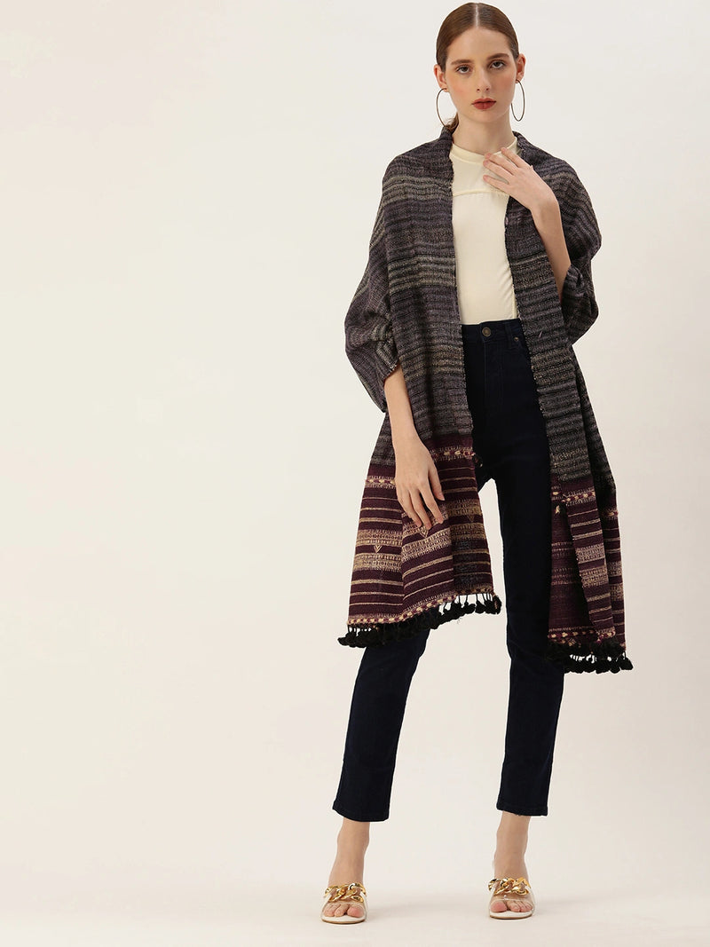 Handwoven Violet Silk Wool Scarf with Tassels