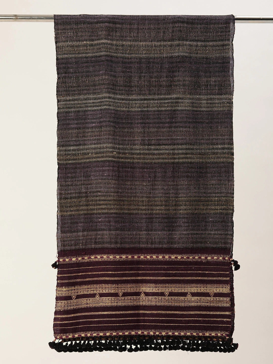 ASVA Handwoven Violet Silk Wool Scarf with Beige Stripes and Tassels