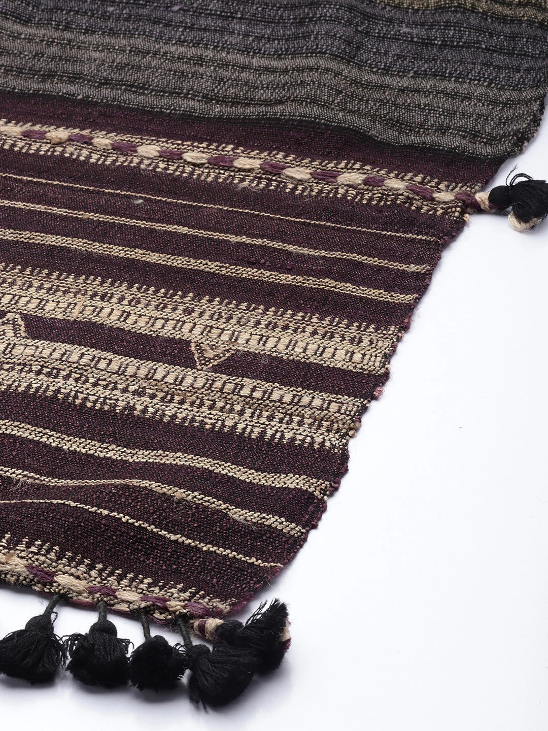 ASVA Handwoven Violet Silk Wool Scarf with Beige Stripes and Tassels